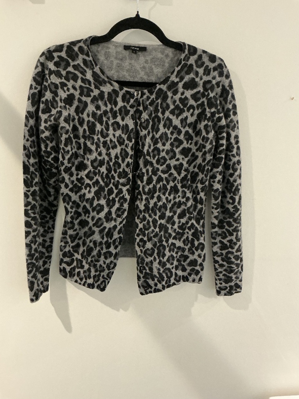 Linea Grey Leopard Print Cardigan – Size L (Premium Angora & Wool Blend